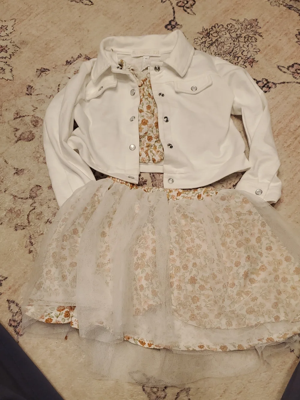 Rachel Zoe White Jacket with Cream and Gold Floral Tulle Skirt